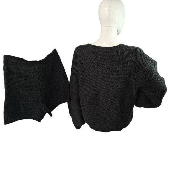 Onzie Ribbed Knit Short Set Athleisure Oversize Sweater High Waist Women M Black - Picture 1 of 5